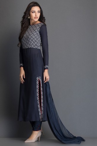 LONG LINE SALWAR KAMEEZ SUIT WITH PRINTED BODICE