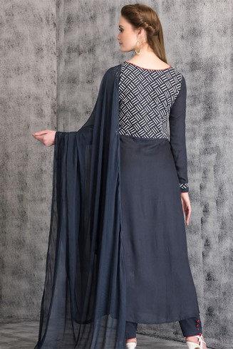 LONG LINE SALWAR KAMEEZ SUIT WITH PRINTED BODICE