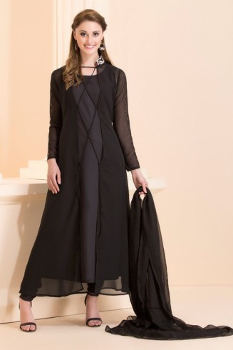 Black Strappy Jacket Pakistani Designer Suit