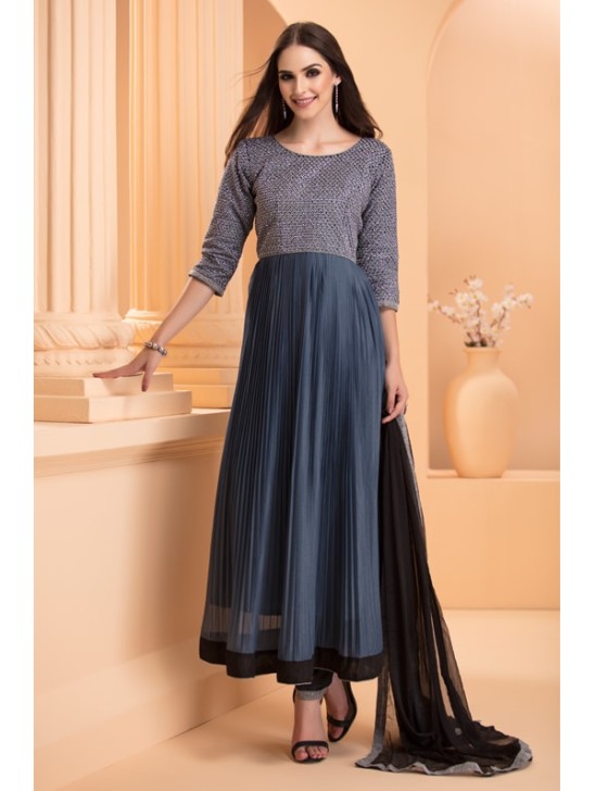 Denim Blue Dress Long Frock Indian Anarkali Suit Readymade Denim Blue Dress Long Frock Indian Anarkali Suit Readymade