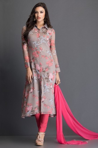 Pink Summer Floral Printed Shirt Dress Readymade Suit 