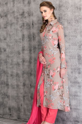 Pink Summer Floral Printed Shirt Dress Readymade Suit 