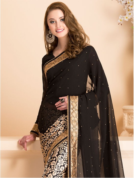 BLACK WEDDING WEAR SAREE WITH READY STITCHED BLOUSE BLACK WEDDING WEAR SAREE WITH READY STITCHED BLOUSE