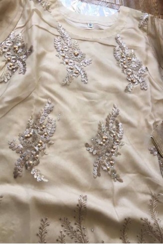 LUXURY BEIGE GOLD PEARL EID DESIGNER READY MADE SUIT 