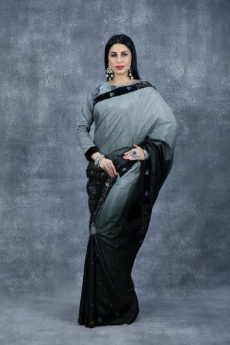 Grey & Black Embroidered Saree Indian Fancy Party Saree