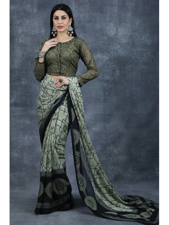 Olive Green Geometric Pattern Printed Saree Indian Casual Saree Olive Green Geometric Pattern Printed Saree Indian Casual Saree