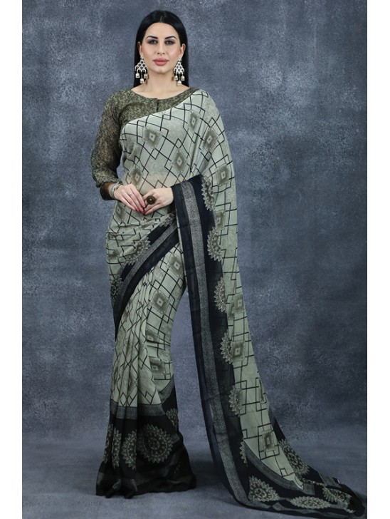 Olive Green Geometric Pattern Printed Saree Indian Casual Saree Olive Green Geometric Pattern Printed Saree Indian Casual Saree