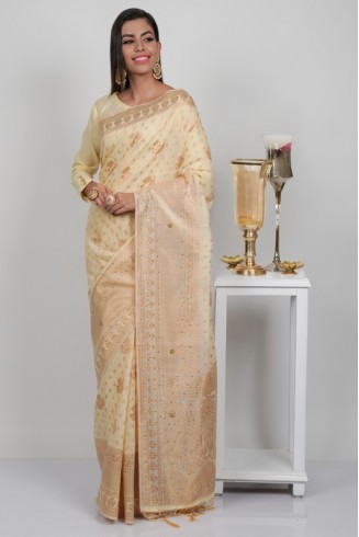 Beige Linen Embroidered Wedding Saree