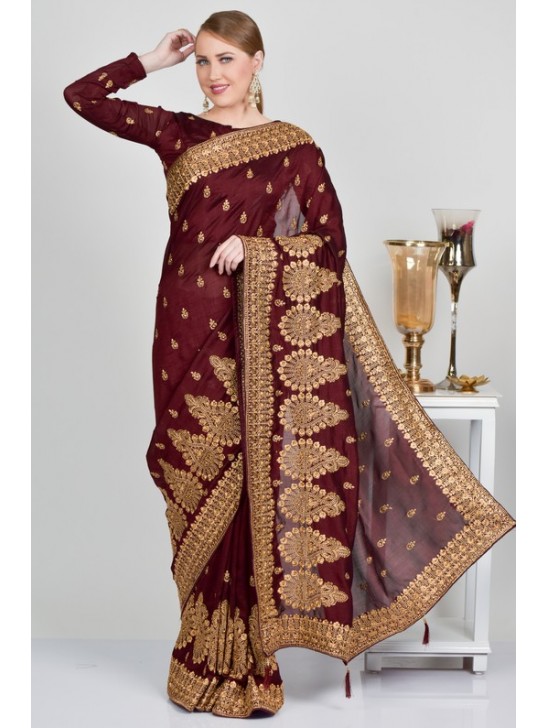 Maroon Embroidered Bollywood Style Readymade Saree Maroon Embroidered Bollywood Style Readymade Saree