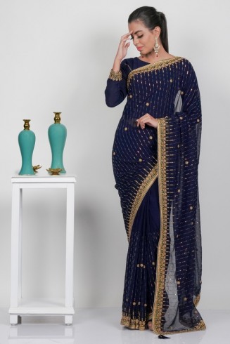 Navy Blue Indian Embellished Party Saree