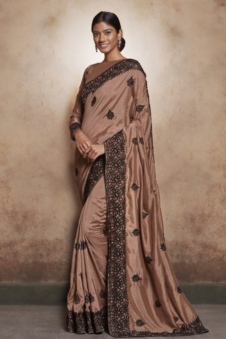 ZACS-602 BROWN LACE BORDER WEDDING WEAR READY MADE INDIAN SAREE