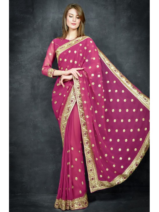 Magenta Purple Golden Embroidered Border Designer Saree Magenta Purple Golden Embroidered Border Designer Saree