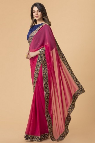 ZACS-716 RANI PINK AND NAVY BLUE BLOUSE BOLLYWOOD STYLE READY MADE SAREE