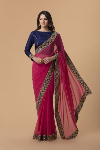 ZACS-716 RANI PINK AND NAVY BLUE BLOUSE BOLLYWOOD STYLE READY MADE SAREE
