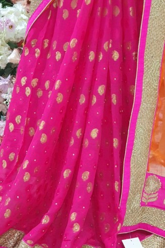 ORANGE PEEL AND HOT PINK MEHNDI WEDDING WEAR SAREE