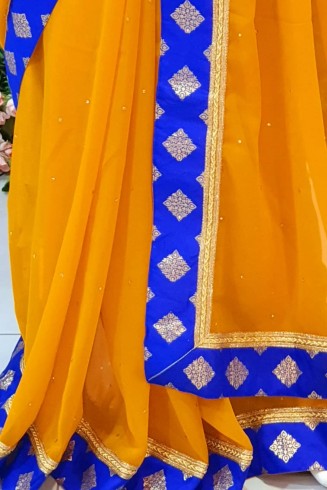 SAFFRON AND CLASSIC BLUE CONTRAST PARTY WEAR SAREE