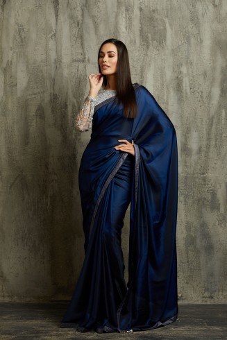NAVY BLUE & SILVER INDIAN EVENING WEAR READYMADE SAREE