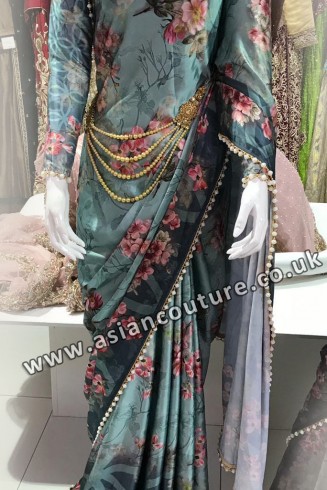 GREEN PAKISTANI DESIGNER FLORAL PRINTED SATIN SAREE