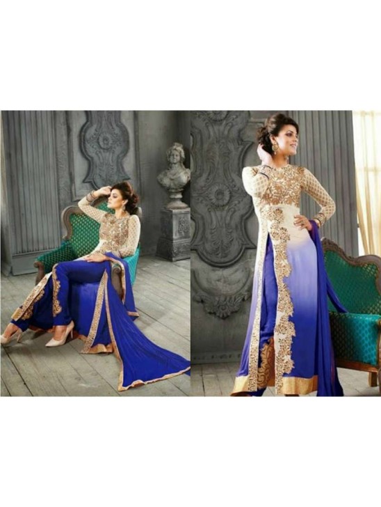 White & Blue Georgette Suit Embroidered Side Slit Dress White & Blue Georgette Suit Embroidered Side Slit Dress