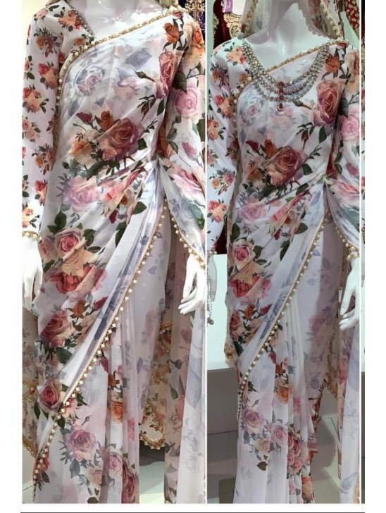 MILKY WHITE FLORAL PRINTED SAREE MILKY WHITE FLORAL PRINTED SAREE