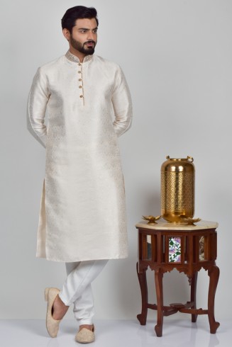 Cream Jammawar Pakistani Mens Kurta Pajama