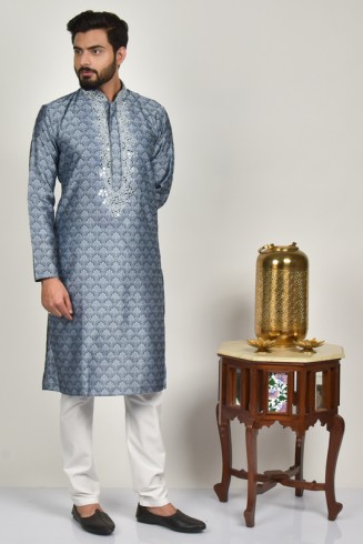 Grey Brocade Style Men Kurta Pajama