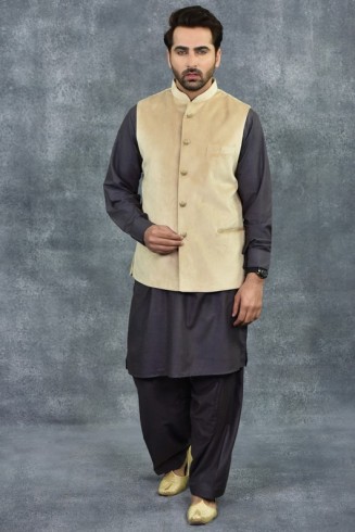 Plain Velvet Camel Colour Waistcoat For Men