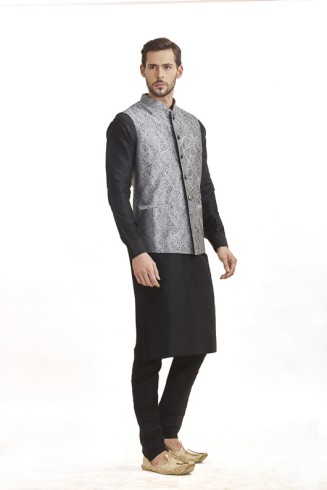 BLACK KURTA AND GREY JACKET STYLISH PAJAMA INDIAN SUIT