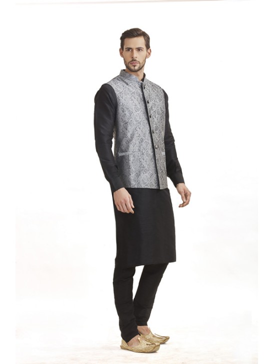 BLACK KURTA AND GREY JACKET STYLISH PAJAMA INDIAN SUIT BLACK KURTA AND GREY JACKET STYLISH PAJAMA INDIAN SUIT