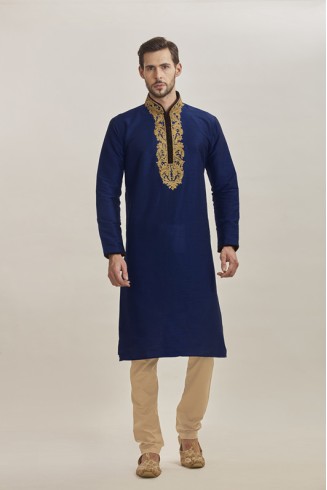NAVY BLUE POLYESTER EMBROIDERED INDIAN READY MADE KURTA AND PAJAMA