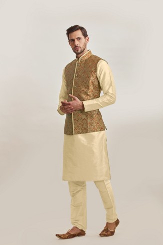 GOLD RUST INDIAN WEDDING STYLE BROCADE WAISTCOAT PAJAMA SUIT