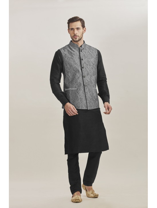 BLACK KURTA AND GREY JACKET STYLISH PAJAMA INDIAN SUIT BLACK KURTA AND GREY JACKET STYLISH PAJAMA INDIAN SUIT