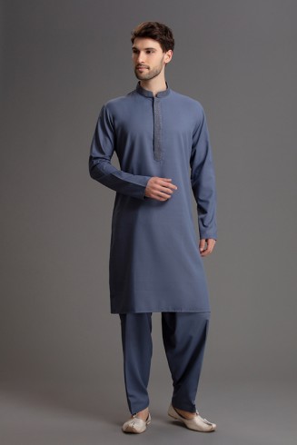 Blue Men Shalwar Kameez Pakistani Designer Fashion Readymade Suit