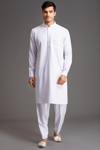 WHITE PATHANI KURTA SALWAR READYMADE SUIT