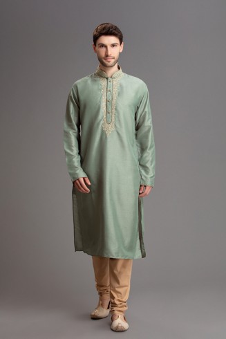 GREEN AND BEIGE PUNJABI MENSWEAR KURTA AND CHURIDAR SUIT