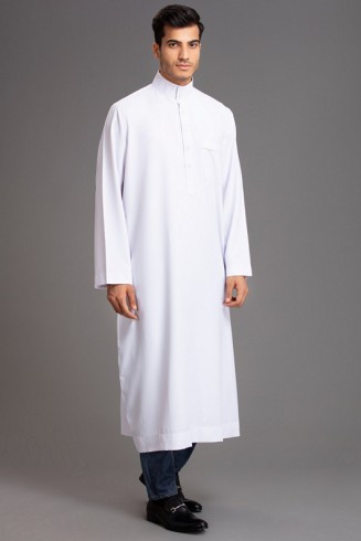 WHITE LONG SLEEVE STITCHED MEN'S THOBE JUBBA