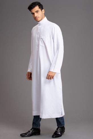 WHITE LONG SLEEVE STITCHED MEN'S THOBE JUBBA