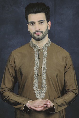 Brown Ethnic Men's Kurta Pajama Indian Readymade Menswear Suit