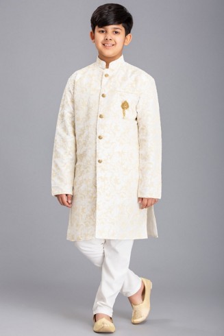 WHITE JACQUARD JACKET STYLE KURTA AND PAJAMA YOUNG BOYS EID SUIT