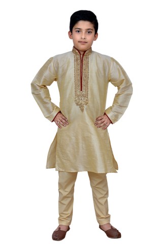 GOLD BEIGE EMBROIDERED KURTA AND PYJAMA BOYS WEAR READY MADE SUIT