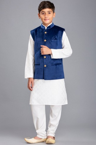 WHITE KURTA SHALWAR & BLUE WAISTCOAT PAKISTANI BOYS WEAR SUIT