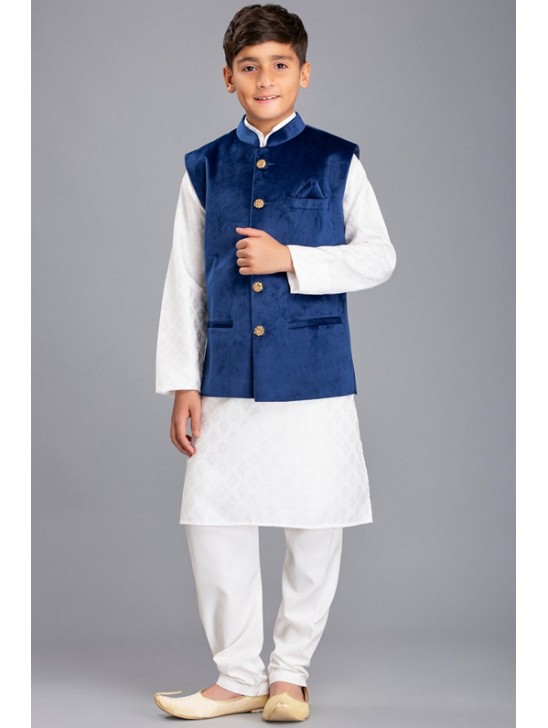 WHITE KURTA SHALWAR & BLUE WAISTCOAT PAKISTANI BOYS WEAR SUIT WHITE KURTA SHALWAR & BLUE WAISTCOAT PAKISTANI BOYS WEAR SUIT