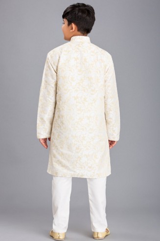 WHITE JACQUARD JACKET STYLE KURTA AND PAJAMA YOUNG BOYS EID SUIT