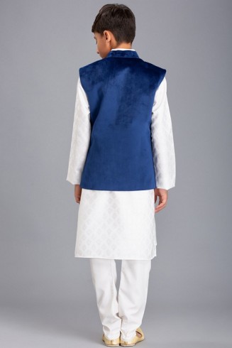 WHITE KURTA SHALWAR & BLUE WAISTCOAT PAKISTANI BOYS WEAR SUIT