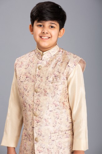 CREAM AND GOLD NEHRU JACKET, KURTA AND PAJAMA BOYS WEAR EID SUIT
