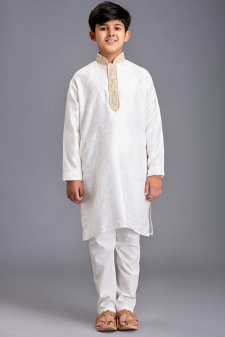 OFF WHITE INDIAN DESIGNER YOUNG BOYS KURTA PAJAMA READYMADE SUIT