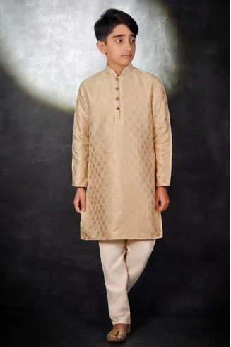 GOLD JACQUARD INDIAN DESIGNER KURTA PAJAMA FOR BOYS