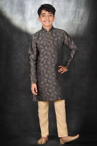 GREY PRINTED FESTIVE WEAR PAKISTANI KIDS KURTA & PYJAMA