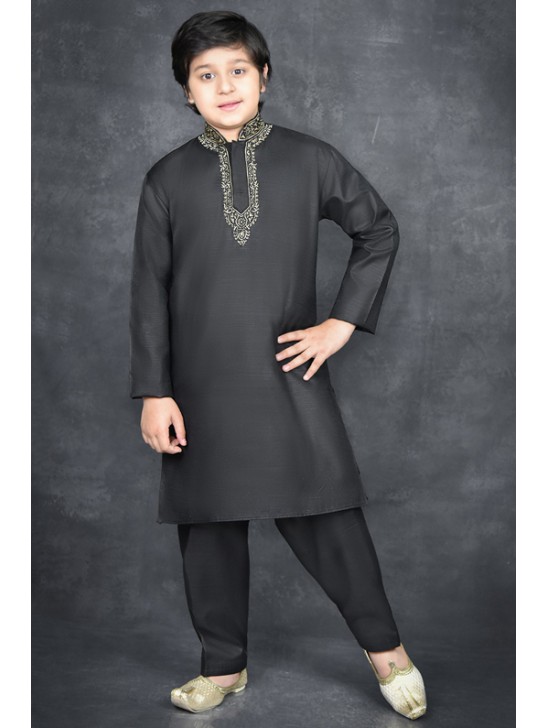 Black Embroidered Boys Kurta Suit