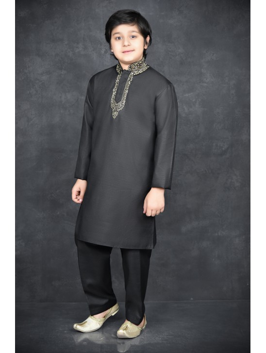 Black Embroidered Boys Kurta Suit